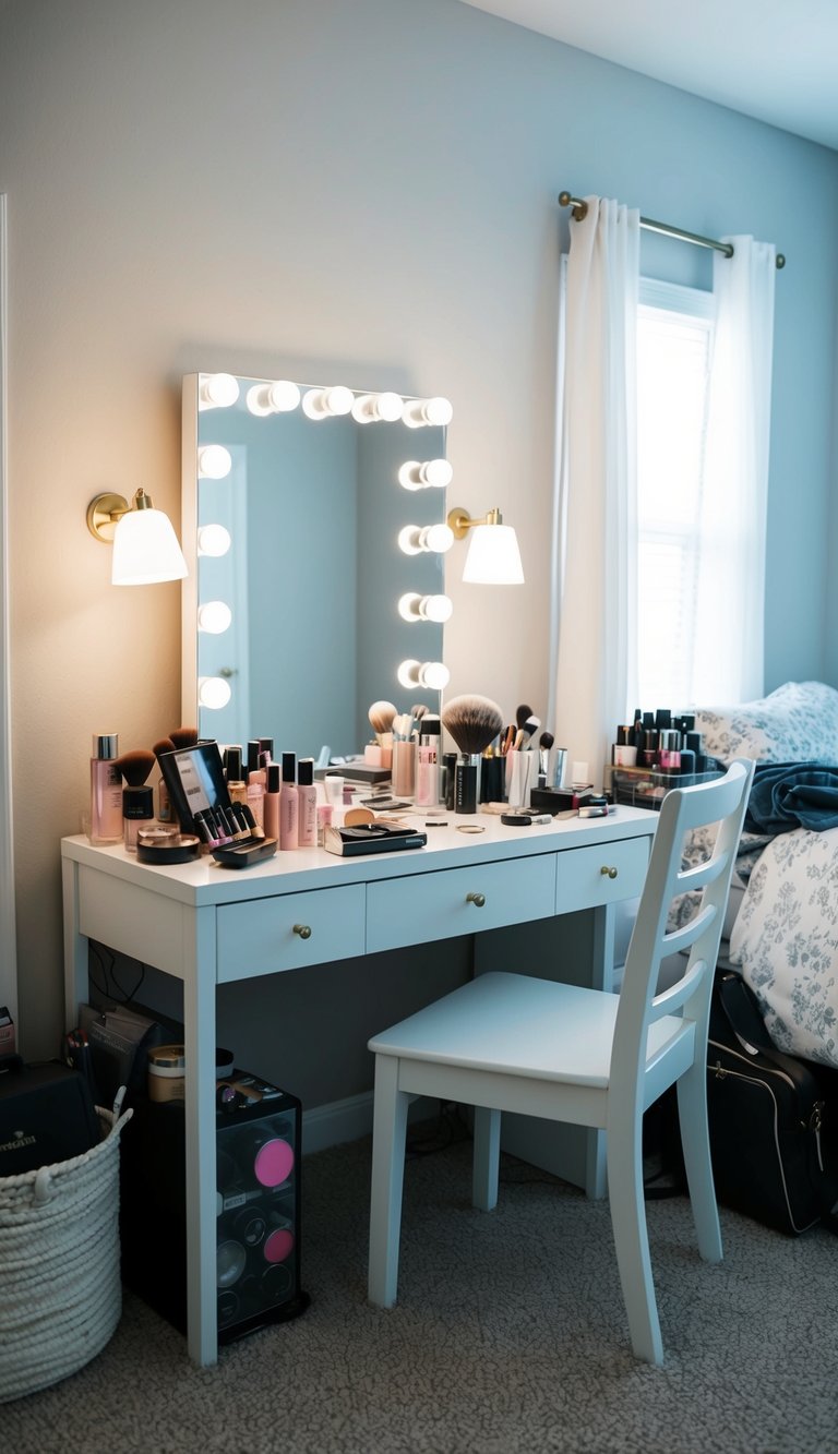 A bedroom with a cluttered desk, makeup and beauty products scattered around. A mirror and a chair are positioned for a DIY vanity table