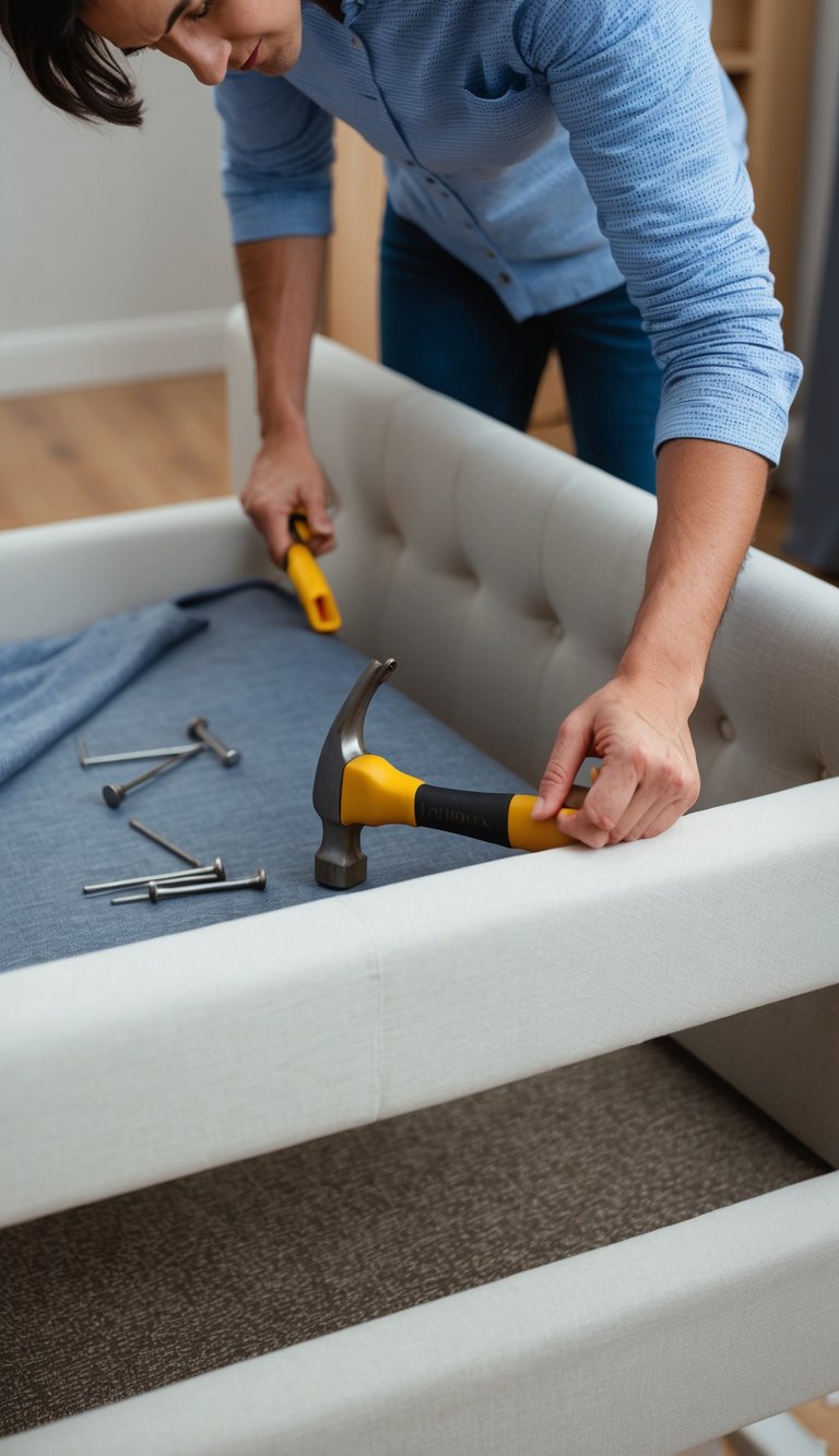 A person assembling an upholstered bed frame with a hammer, nails, and fabric draped over the frame