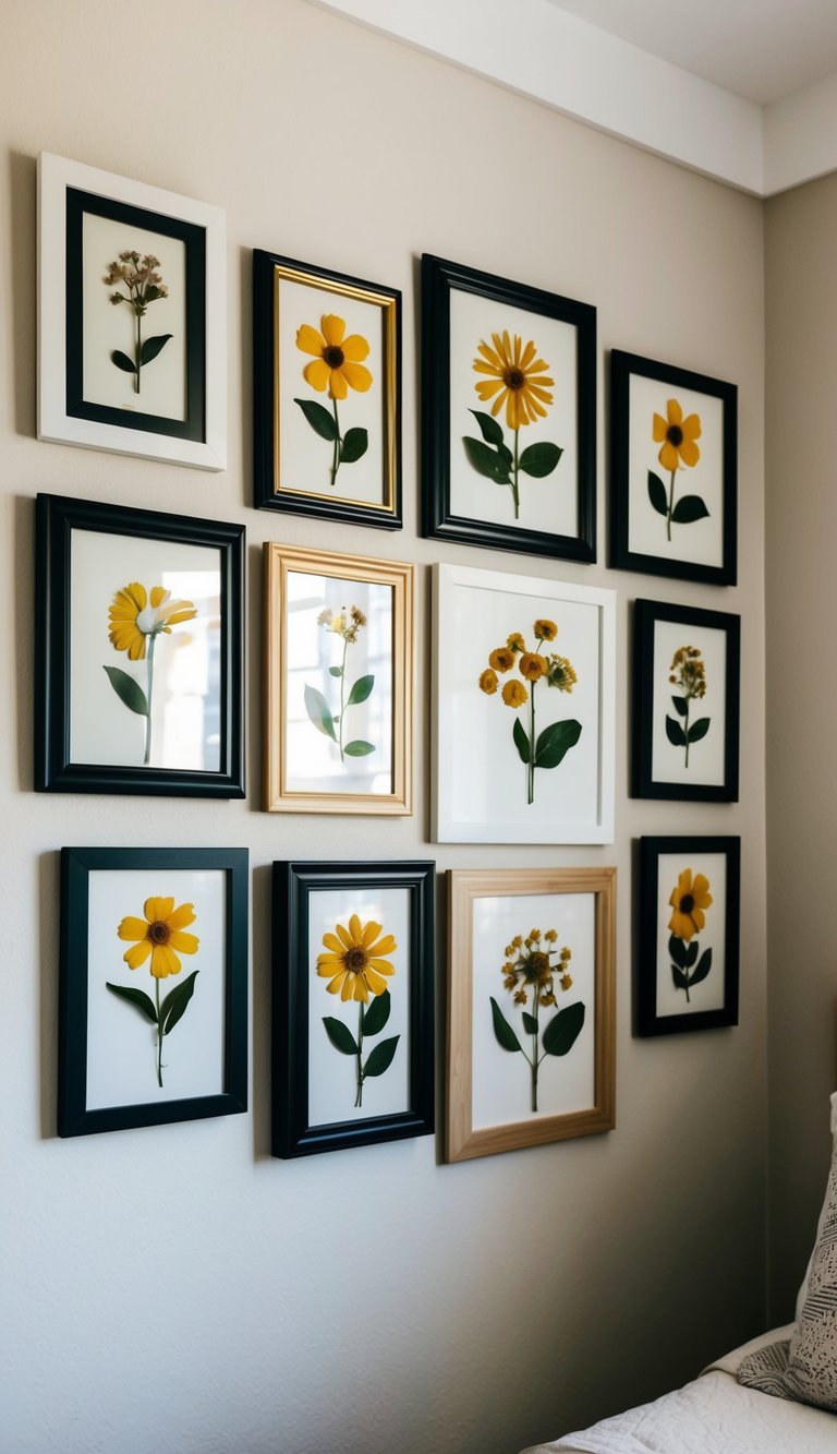 A collection of pressed flowers arranged in frames, hanging on a bedroom wall. The frames vary in size and shape, creating a personalized and artistic display