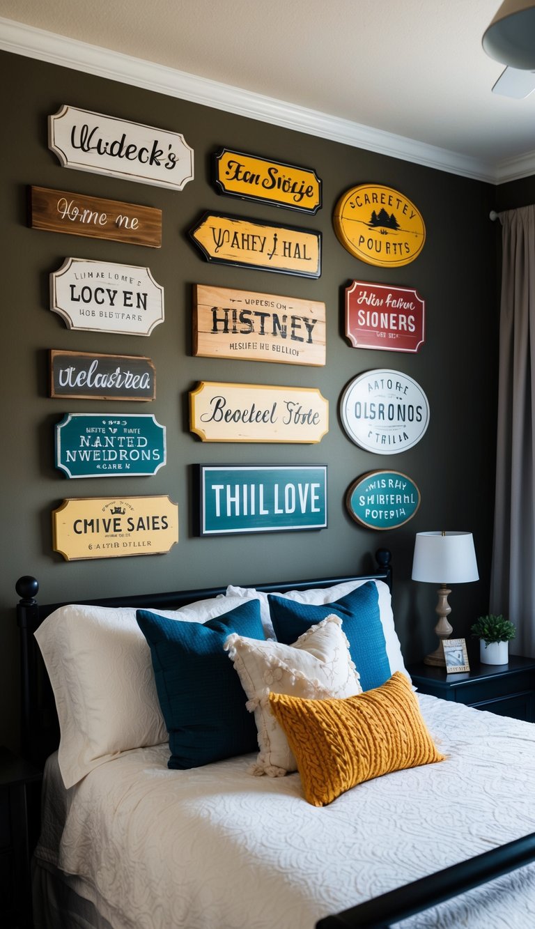 A cozy bedroom with a gallery wall of painted wooden signs in various sizes and designs, adding a personalized touch to the space