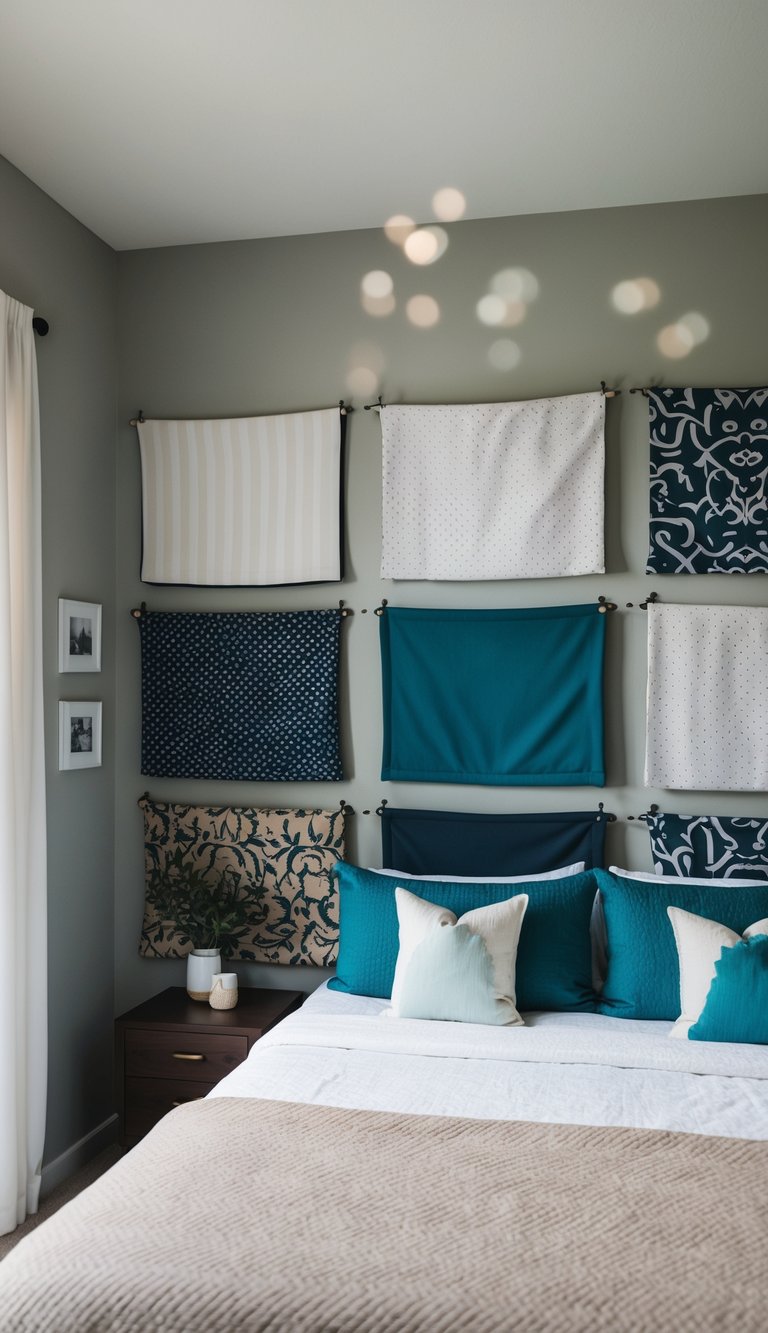 A bedroom wall adorned with fabric wall panels in various colors and patterns, adding a personalized touch to the space