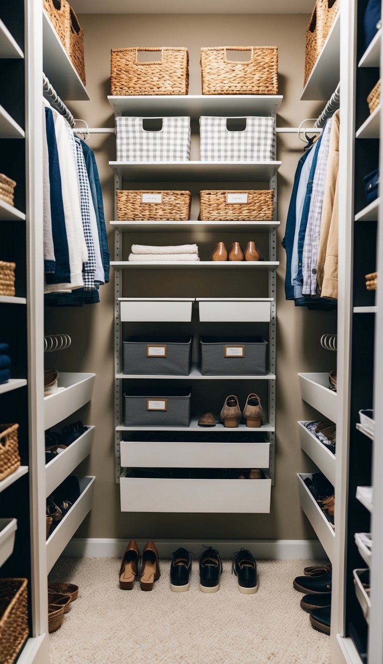 A closet with neatly arranged shelves, hanging organizers, and labeled storage bins. Baskets and hooks maximize space, while a shoe rack keeps footwear tidy