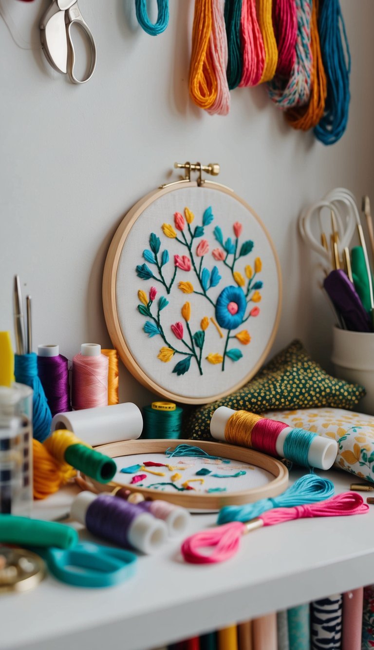 An embroidery hoop with colorful thread and fabric, surrounded by various crafting materials and tools on a bedroom wall