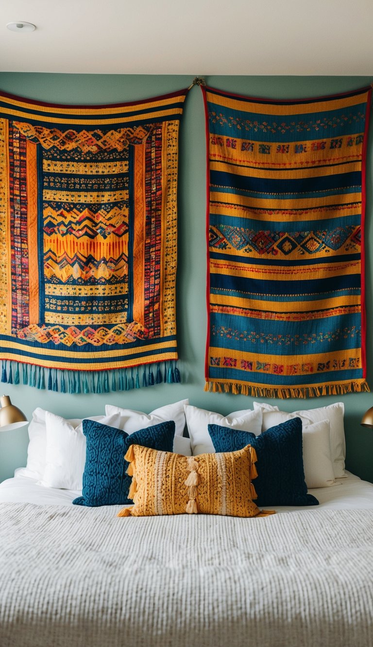 A cozy bedroom with colorful tapestry weavings hanging on the walls, adding a personalized touch to the space