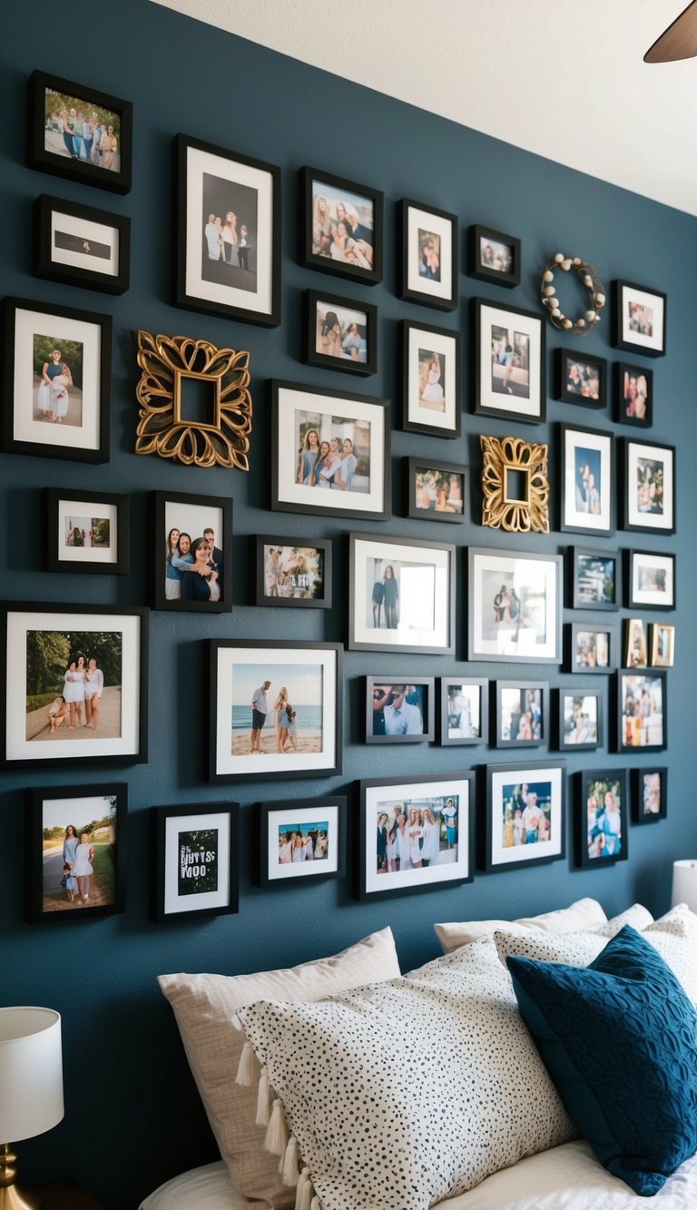 A bedroom wall adorned with various shadow box collages, each uniquely personalized and arranged in an artistic display