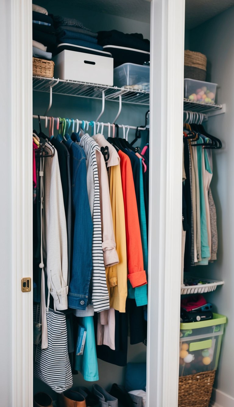 A cluttered closet with clothes and accessories hanging on an over-the-door hook rack. Various DIY organization hacks are utilized to create a tidier space