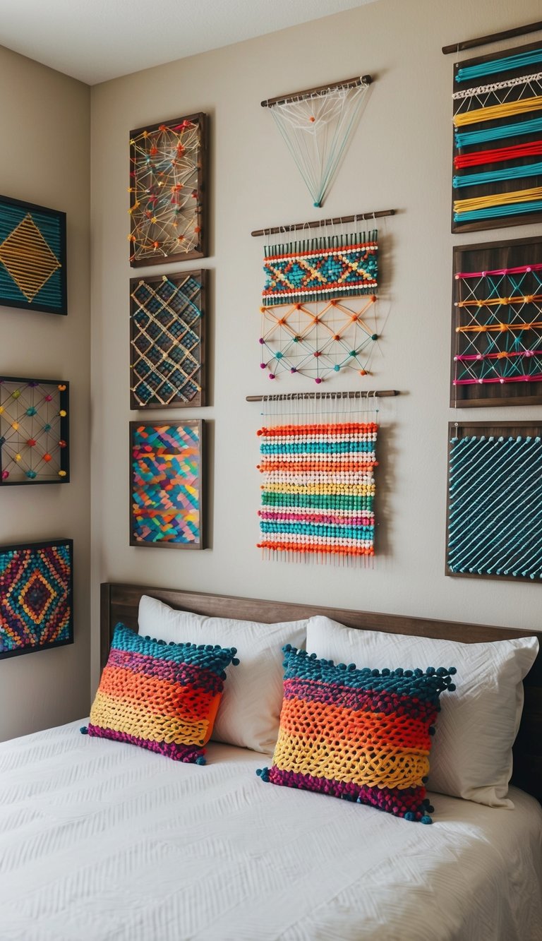 A bedroom wall adorned with colorful string art boards in various geometric patterns and designs