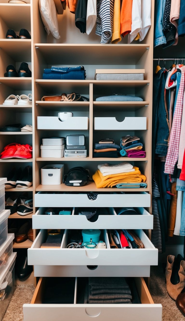 A cluttered closet with various items neatly organized into sections using DIY drawer dividers