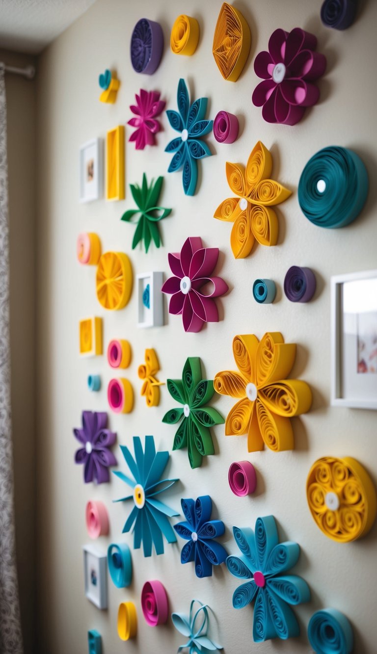 A bedroom wall adorned with intricate paper quilling designs in various shapes and colors, creating a personalized and visually stunning display