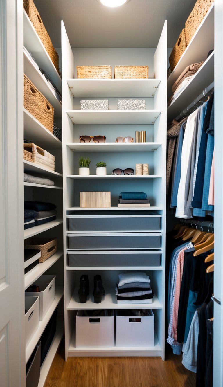 A closet with neatly organized shelves, using DIY shelf dividers to separate and tidy up the space