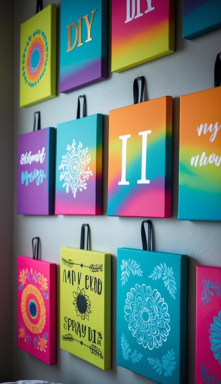 Vibrantly colored spray-painted canvases hanging on bedroom walls, each uniquely personalized with DIY designs