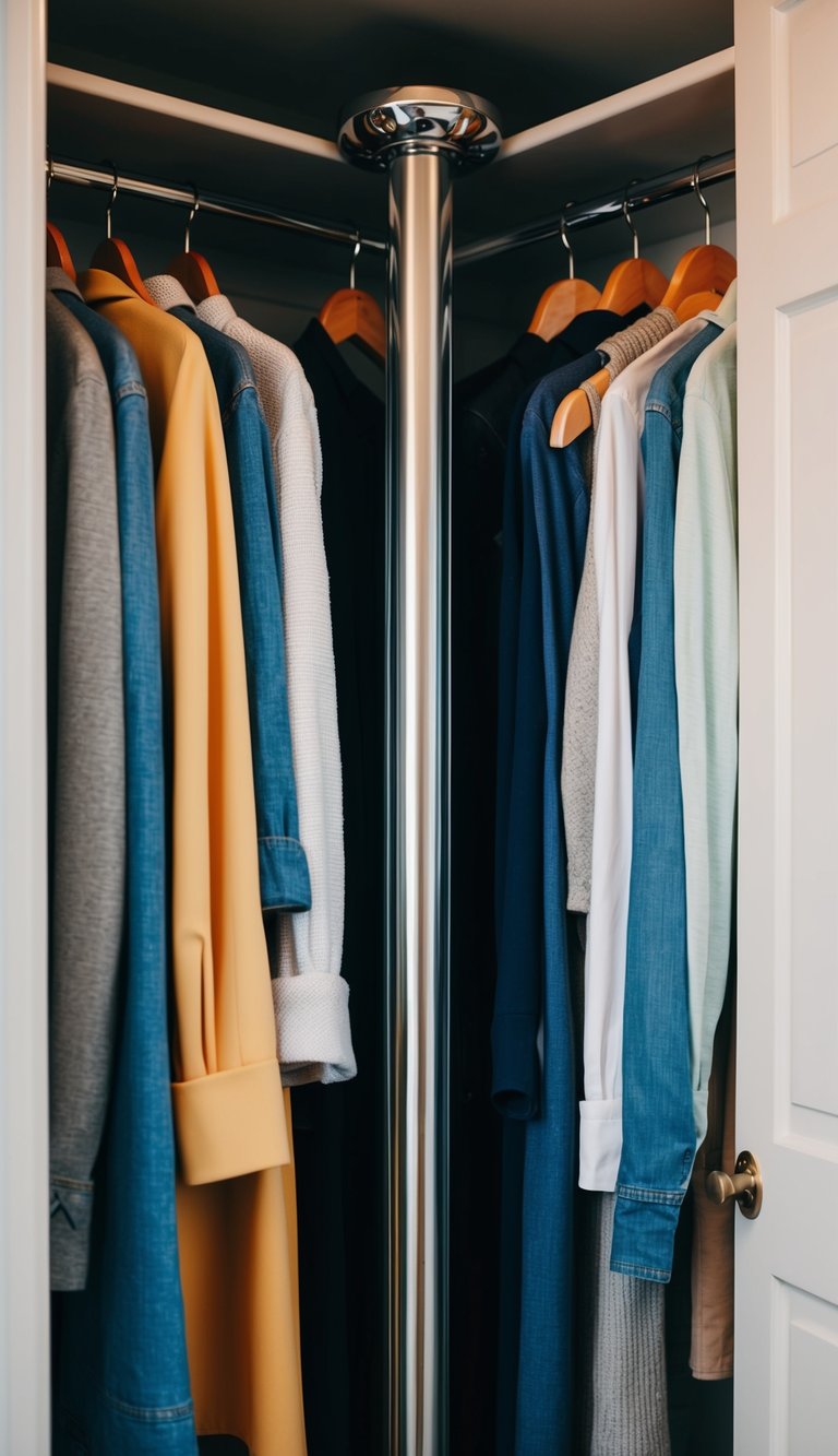 A rotating closet rod holds organized clothing in a tidy closet space