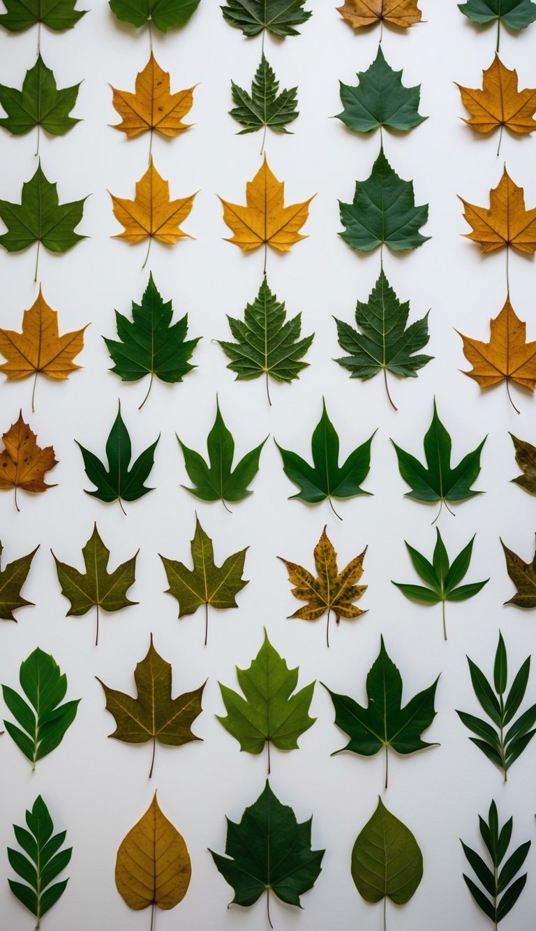 A collection of pressed leaves arranged in a geometric pattern on a white background