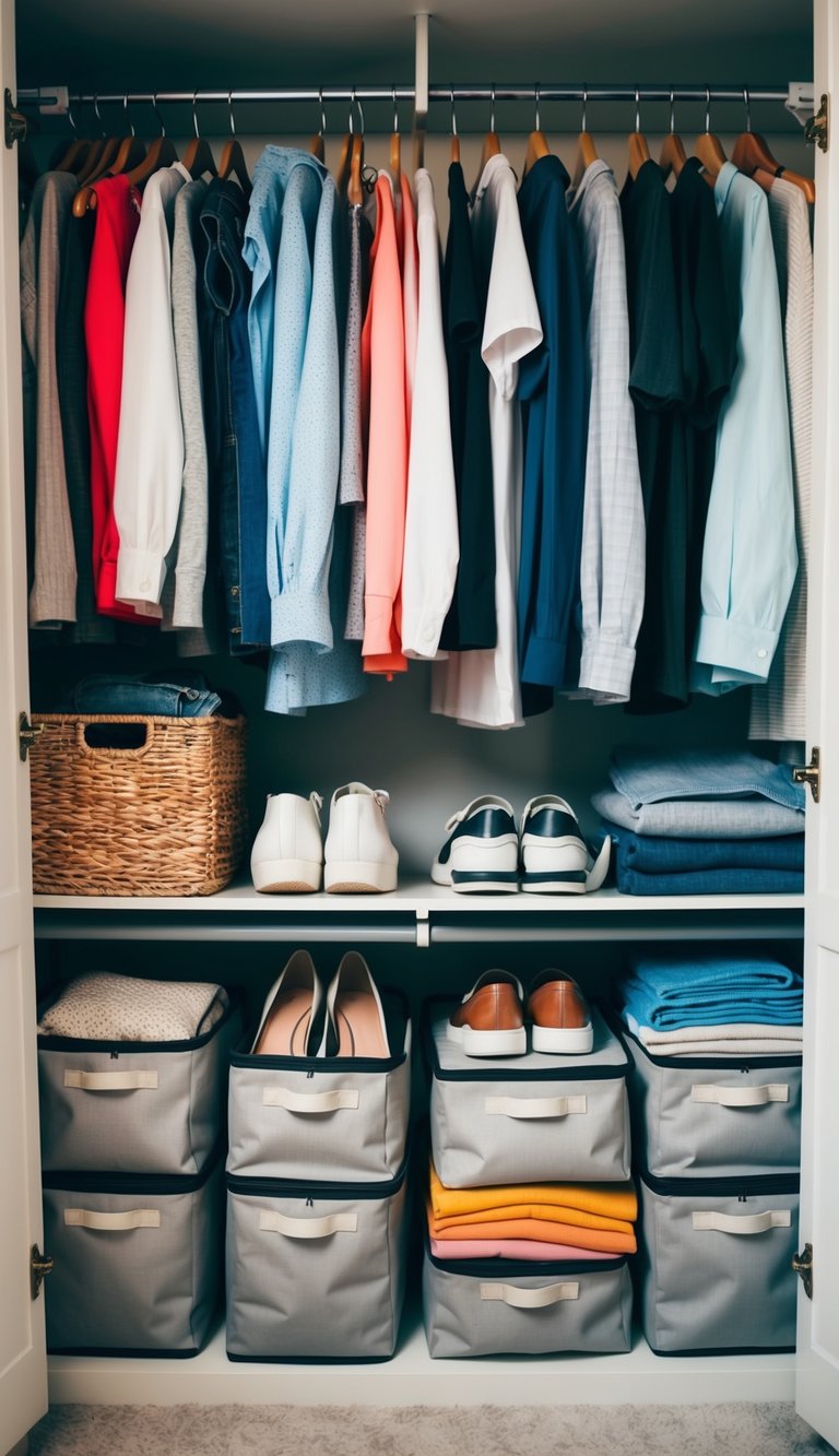 A cluttered closet with under-bed storage bags, shoes, and clothes organized neatly