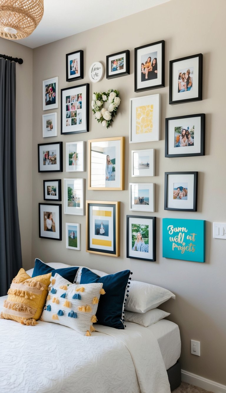 A bedroom wall adorned with 17 unique DIY wall art projects, including framed photos, paintings, and other personalized decorations