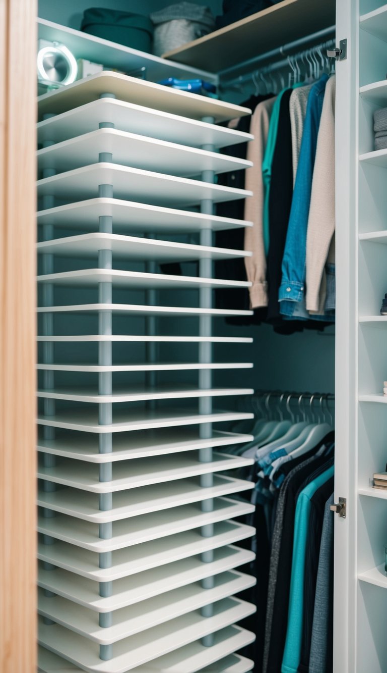 Stackable shelf risers arranged in a neat and organized closet, with various items neatly organized on each level