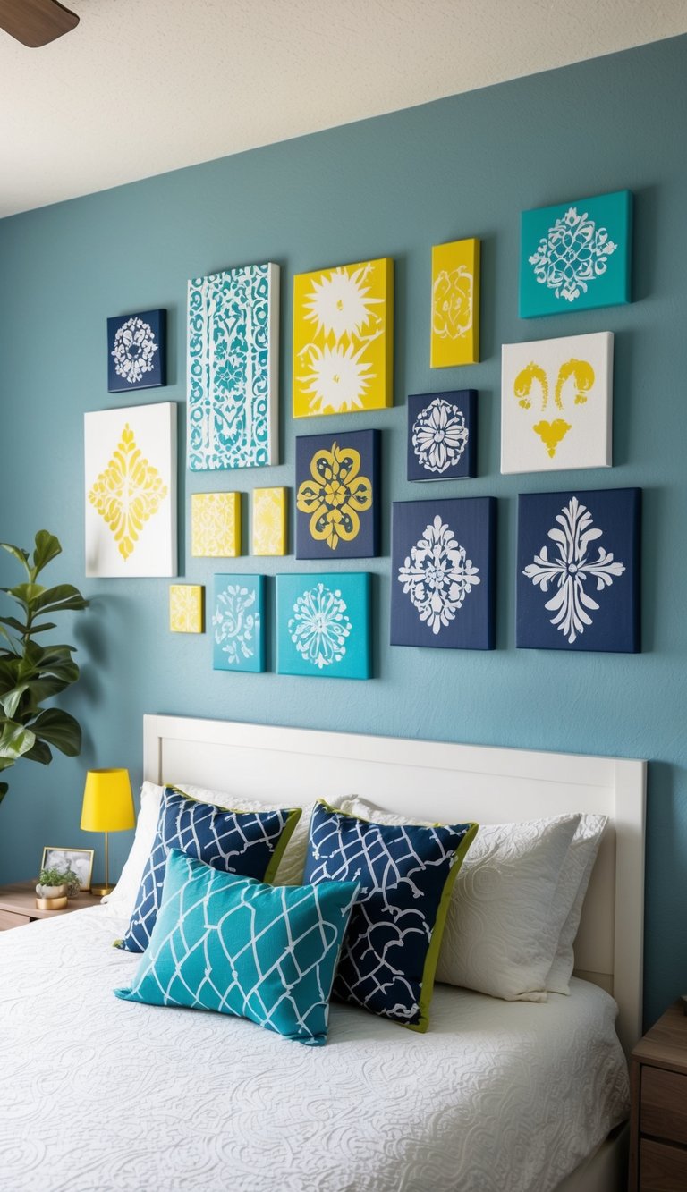 A bedroom wall adorned with 17 unique stencil canvas paintings in various sizes and colors, adding a personalized touch to the space