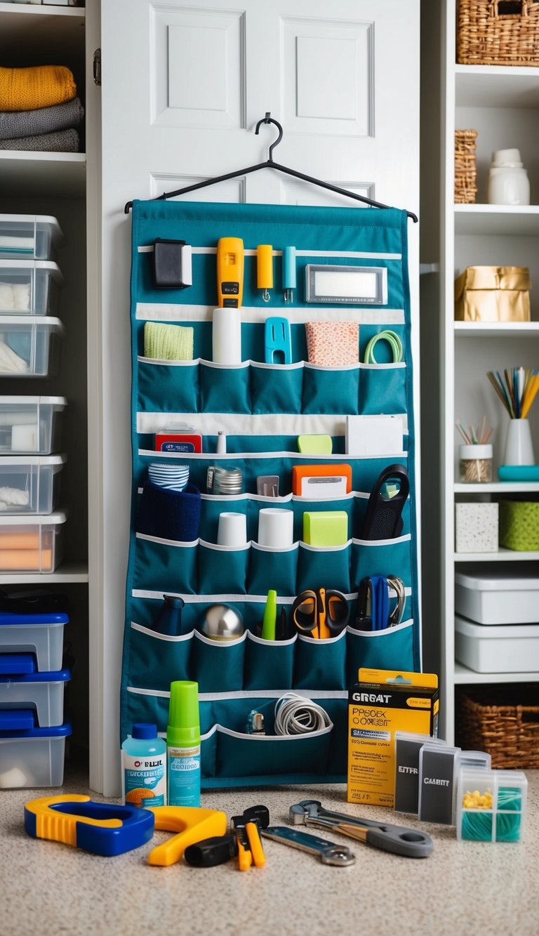 A hanging pocket organizer filled with neatly arranged items, surrounded by various DIY closet organization tools and supplies