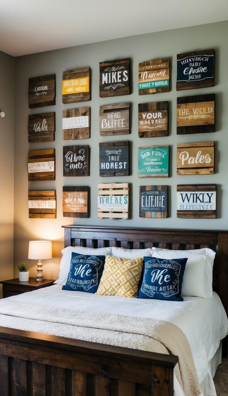 A bedroom wall adorned with various wooden pallet signs, each uniquely personalized and arranged in a creative and visually appealing manner