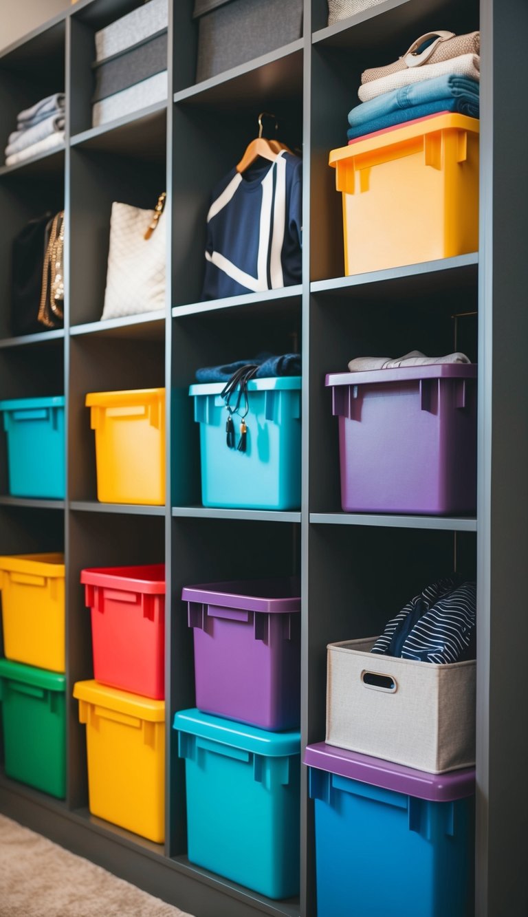 Colorful storage bins neatly arranged on shelves, with clothing and accessories organized inside