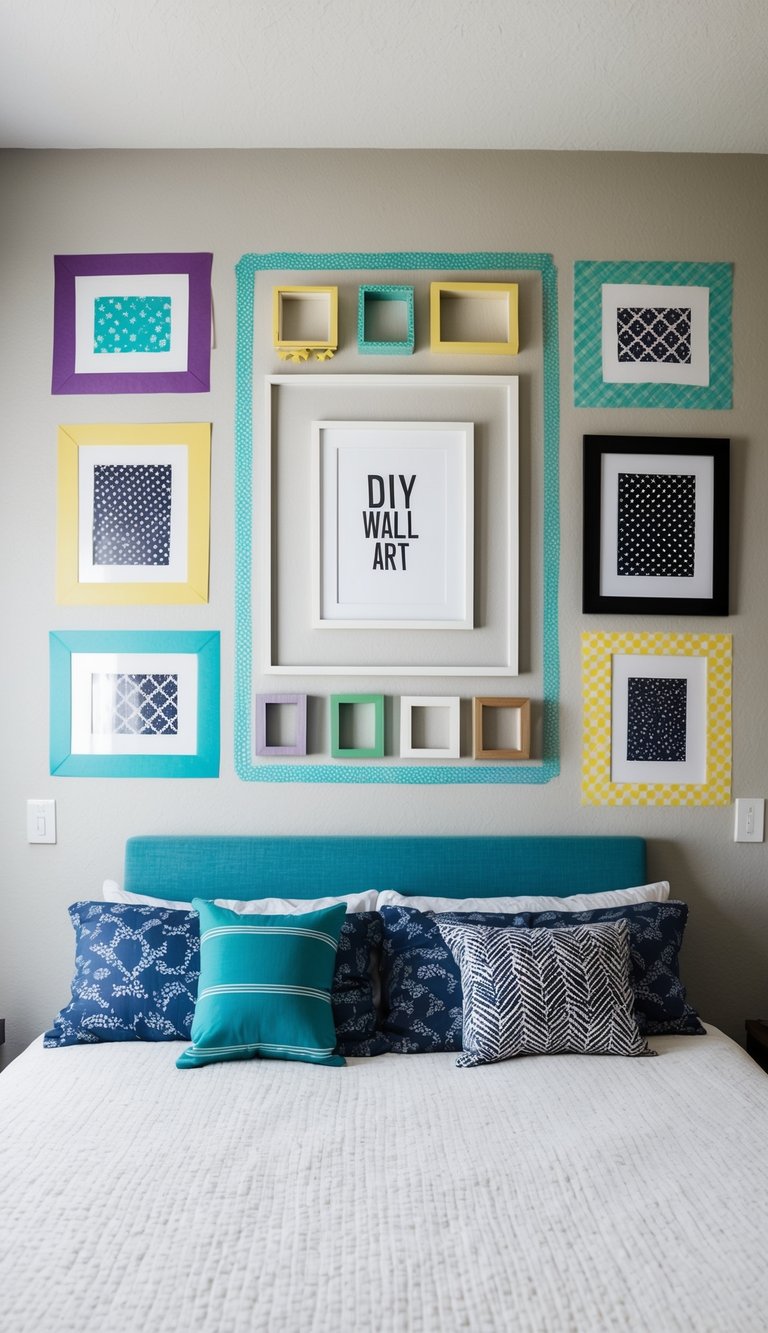 A bedroom wall adorned with various washi tape frames in different colors and patterns, surrounding a central piece of DIY wall art