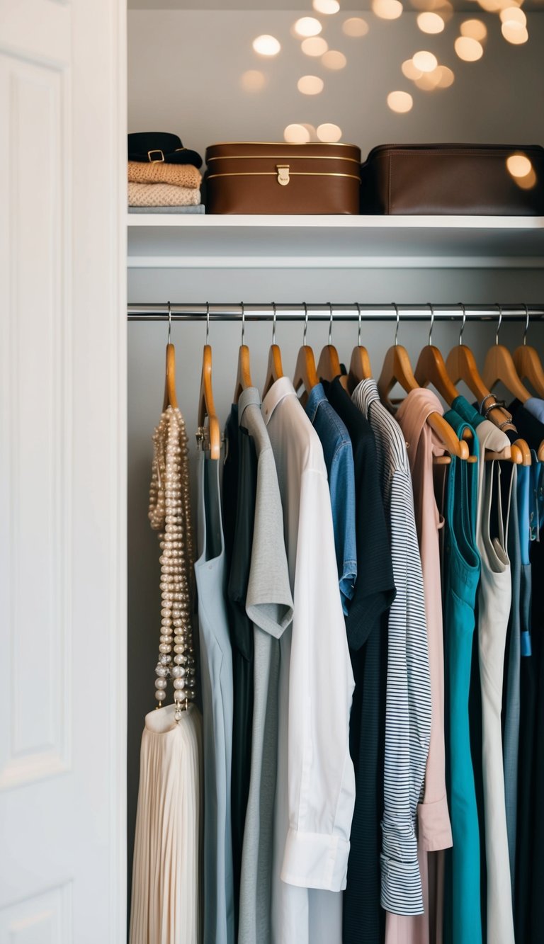 A closet with adjustable rod holding organized clothes and accessories