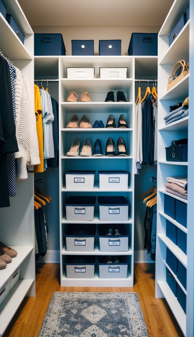 A closet with shelves, hanging rods, and storage bins neatly organized with labeled sections for shoes, accessories, and clothing