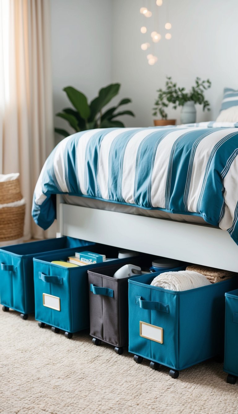 Several rolling storage bins neatly organized under a bed, with various items inside to depict DIY under-bed storage ideas