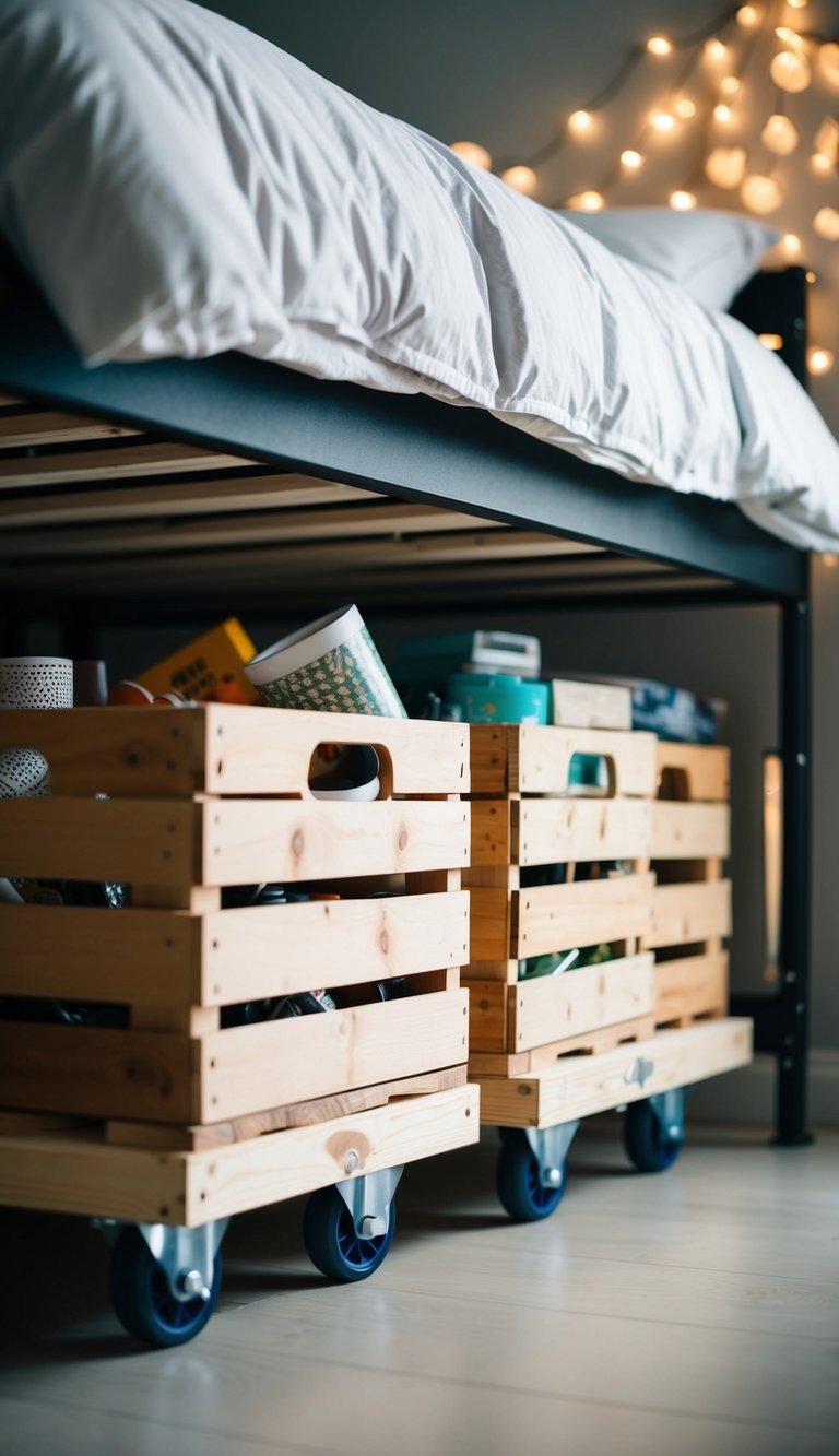 Wooden crates on wheels under a bed, filled with various items