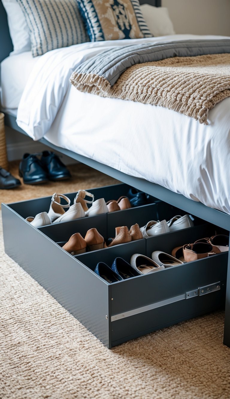 A shoe organizer slides under a bed, filled with neatly arranged shoes and accessories, creating a clutter-free and organized bedroom