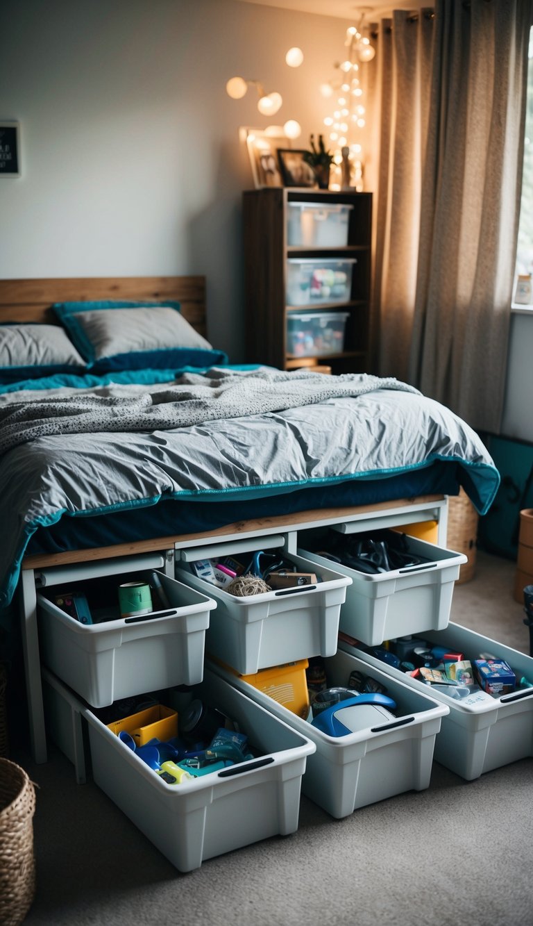 A cluttered bedroom with a bed and plastic under-bed drawers filled with items, surrounded by other DIY storage solutions