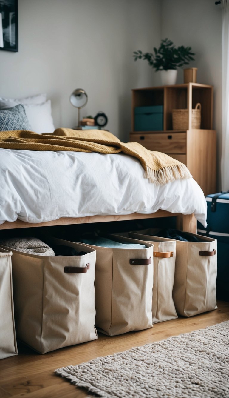 A cluttered room with various canvas storage bags neatly tucked under the bed, creating a sense of organization and tidiness