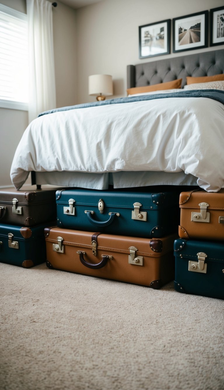 Several vintage suitcases neatly arranged under a bed, serving as clever DIY storage solutions for decluttering a room