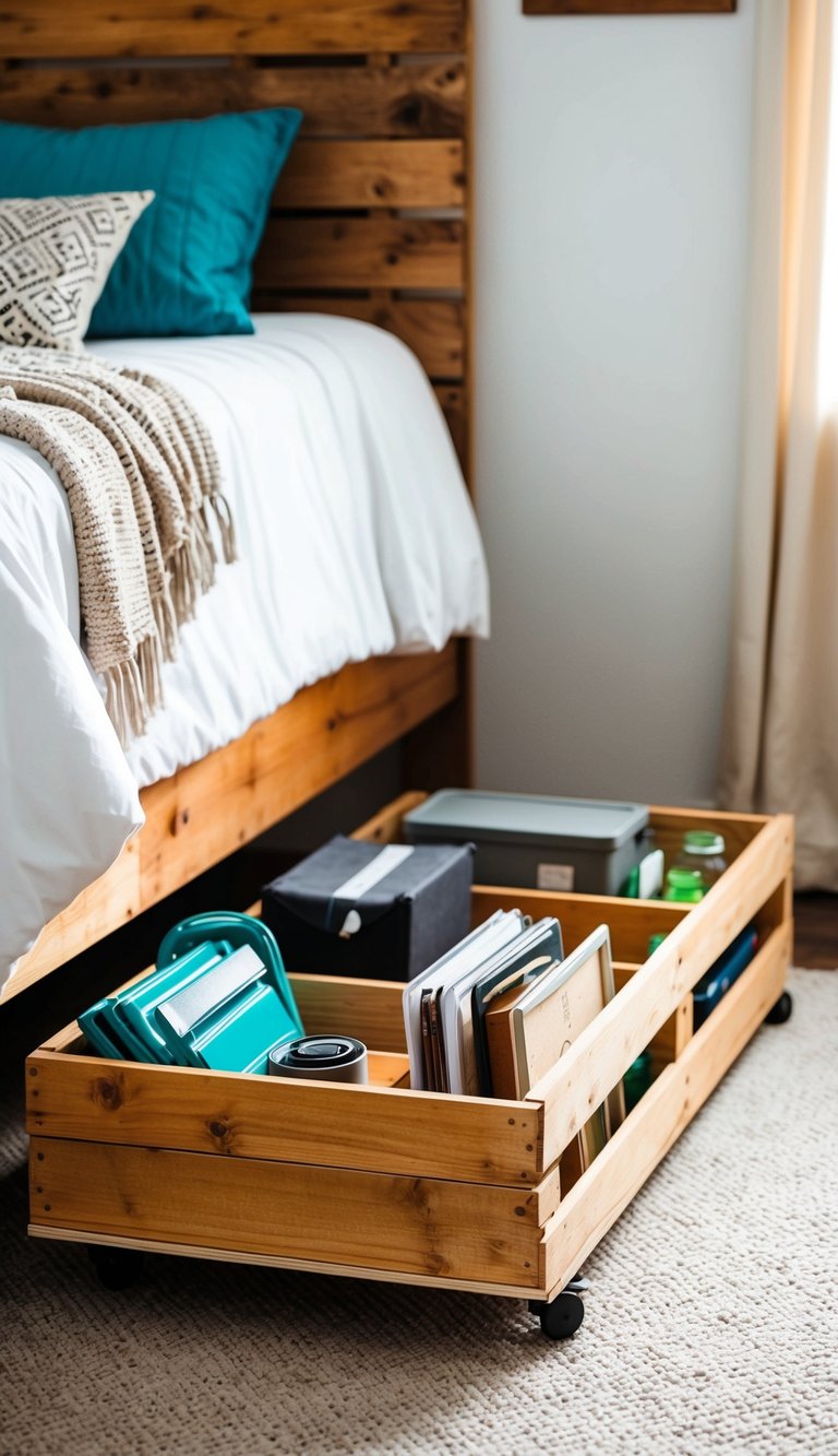 A wooden pallet rolling tray slides under a bed, filled with organized items