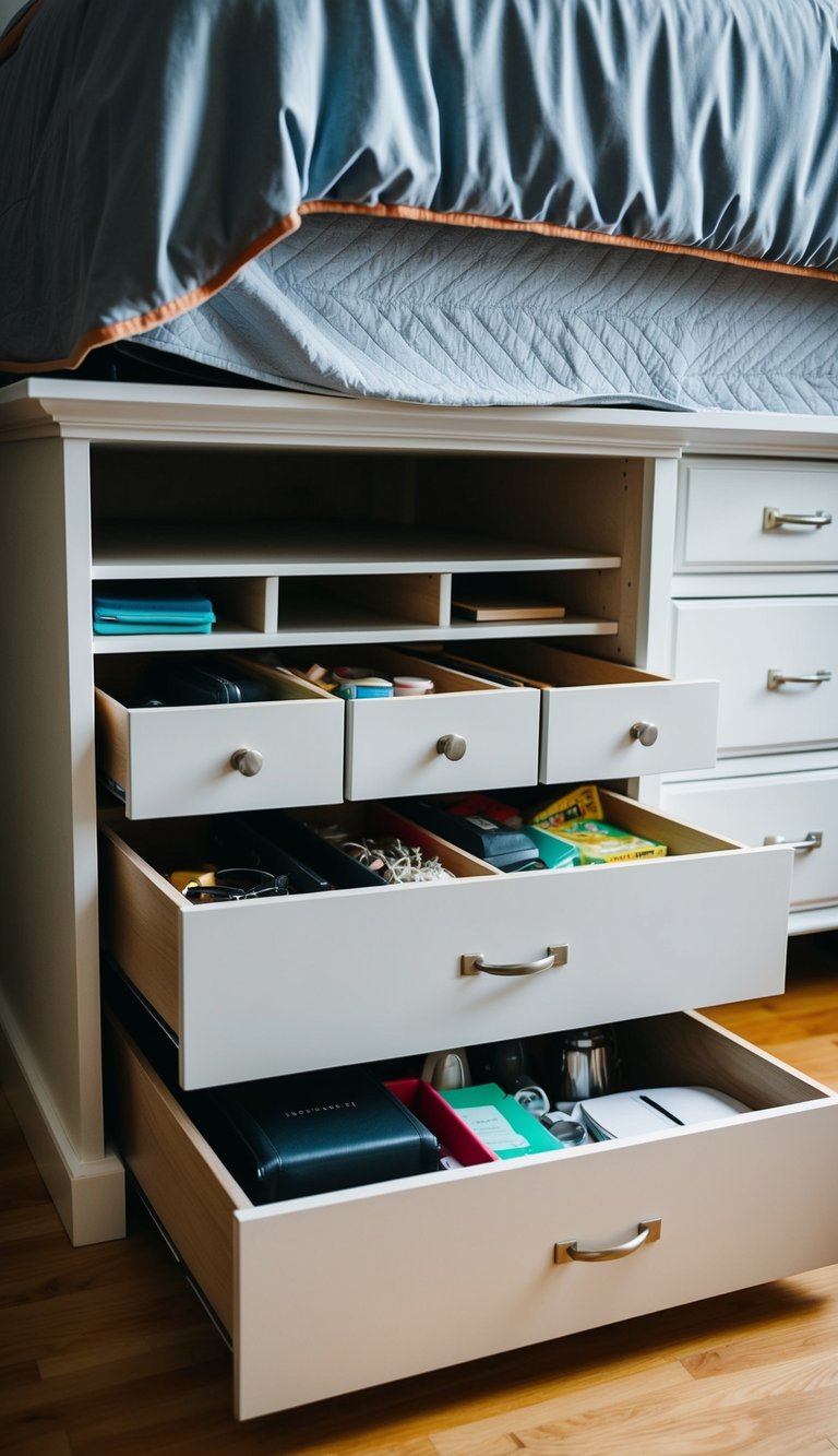 Empty dresser drawers stacked under a bed, with various items neatly organized inside