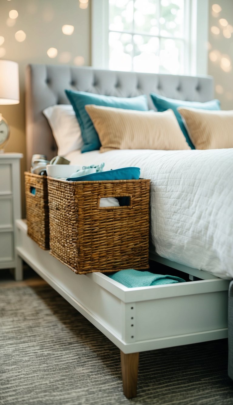 A bed with a sliding basket system underneath, filled with neatly organized items