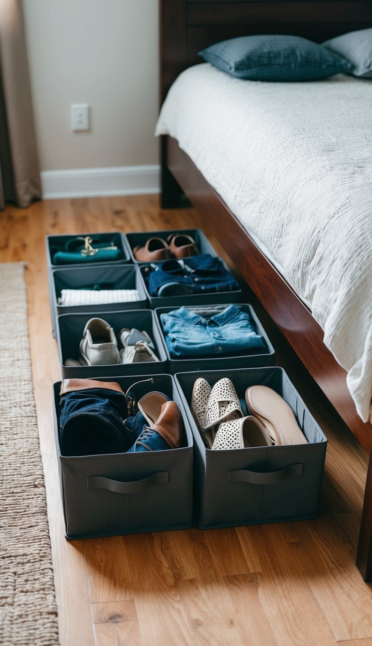 A bedroom floor with under-bed storage caddies filled with various items, such as clothing, shoes, and accessories, neatly organized to declutter the room