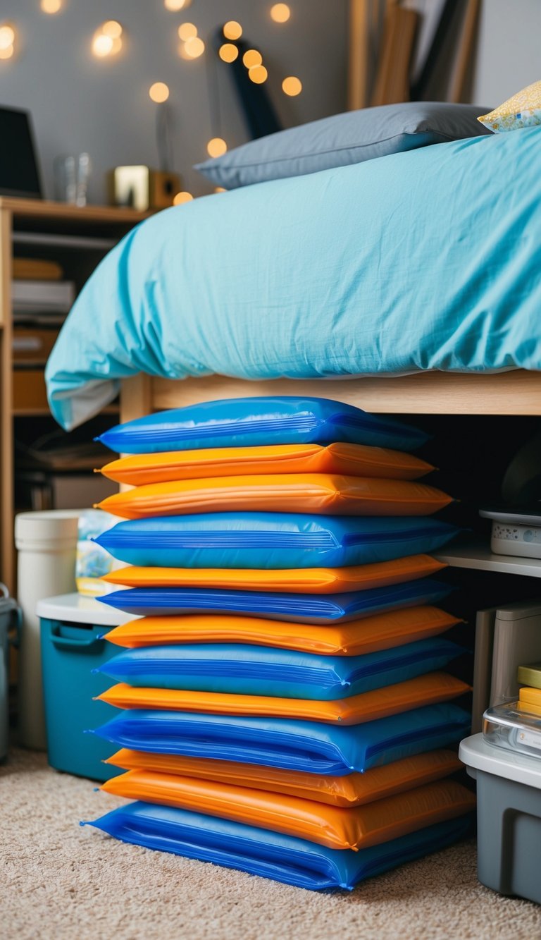 A stack of vacuum-seal storage bags neatly tucked under a bed, surrounded by various items organized and stored away