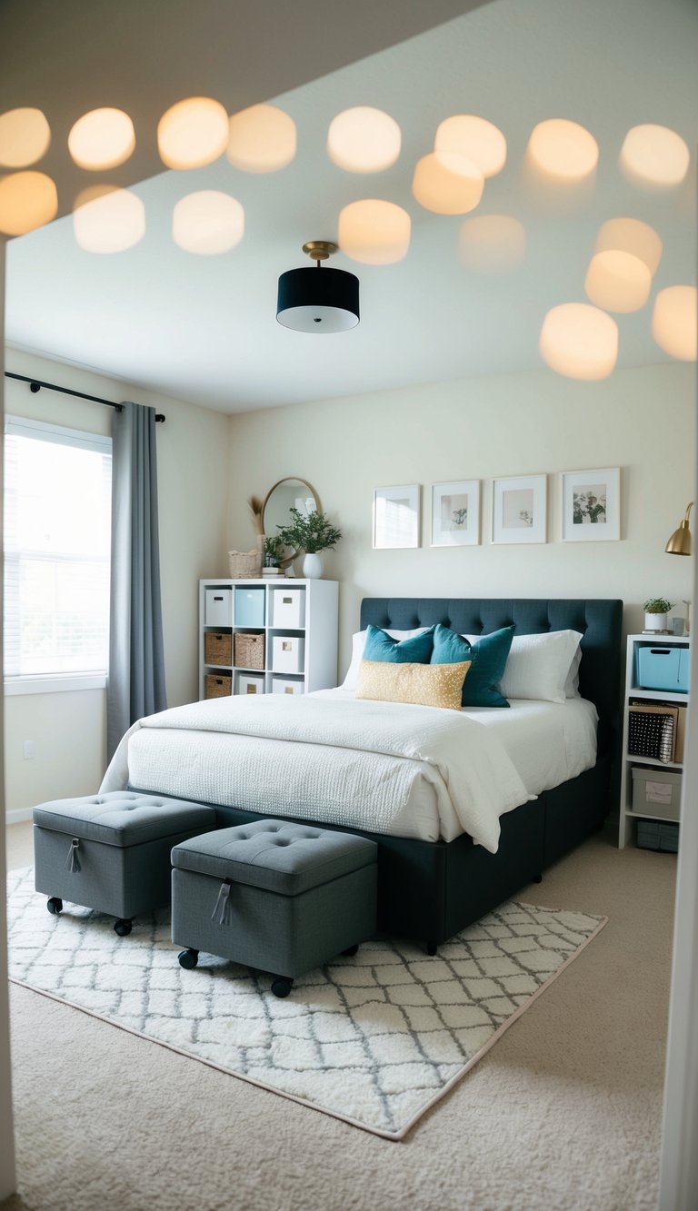 A bedroom with a bed and storage ottomans on wheels underneath, surrounded by various DIY storage solutions