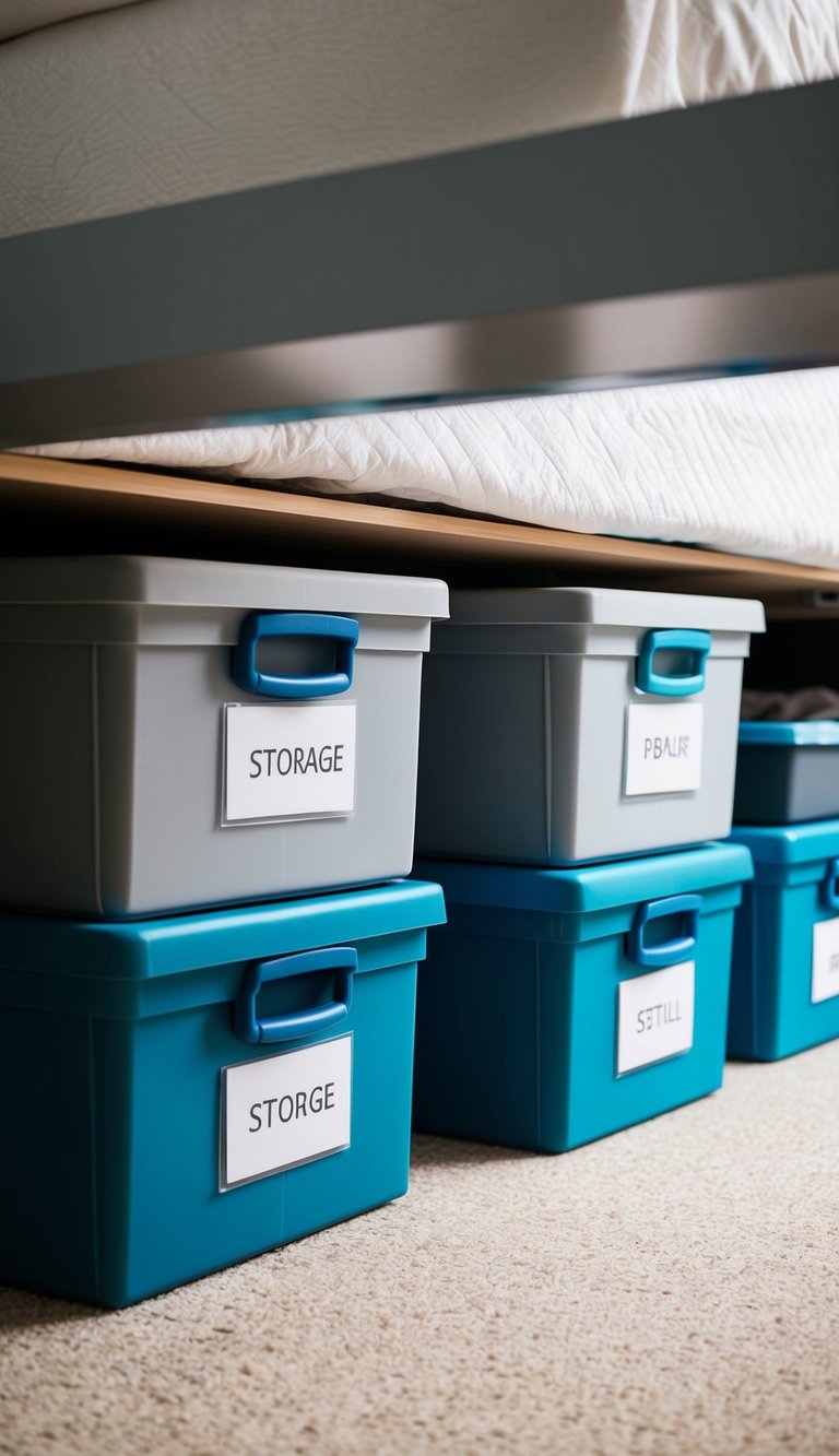 Several lidded storage boxes neatly organized under a bed, each labeled with its contents, creating a clutter-free and organized room