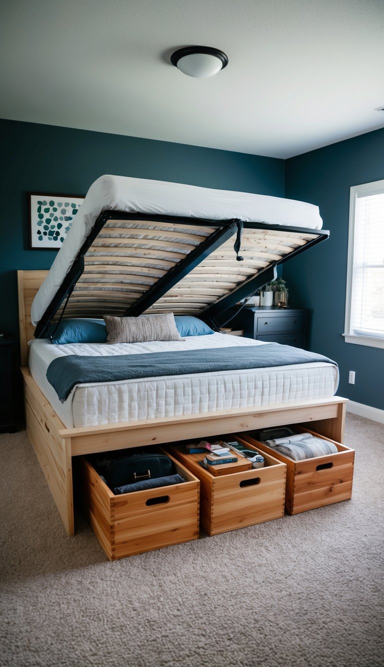 A bedroom with a bed lifted to reveal cedar wood storage boxes underneath, surrounded by various items neatly organized