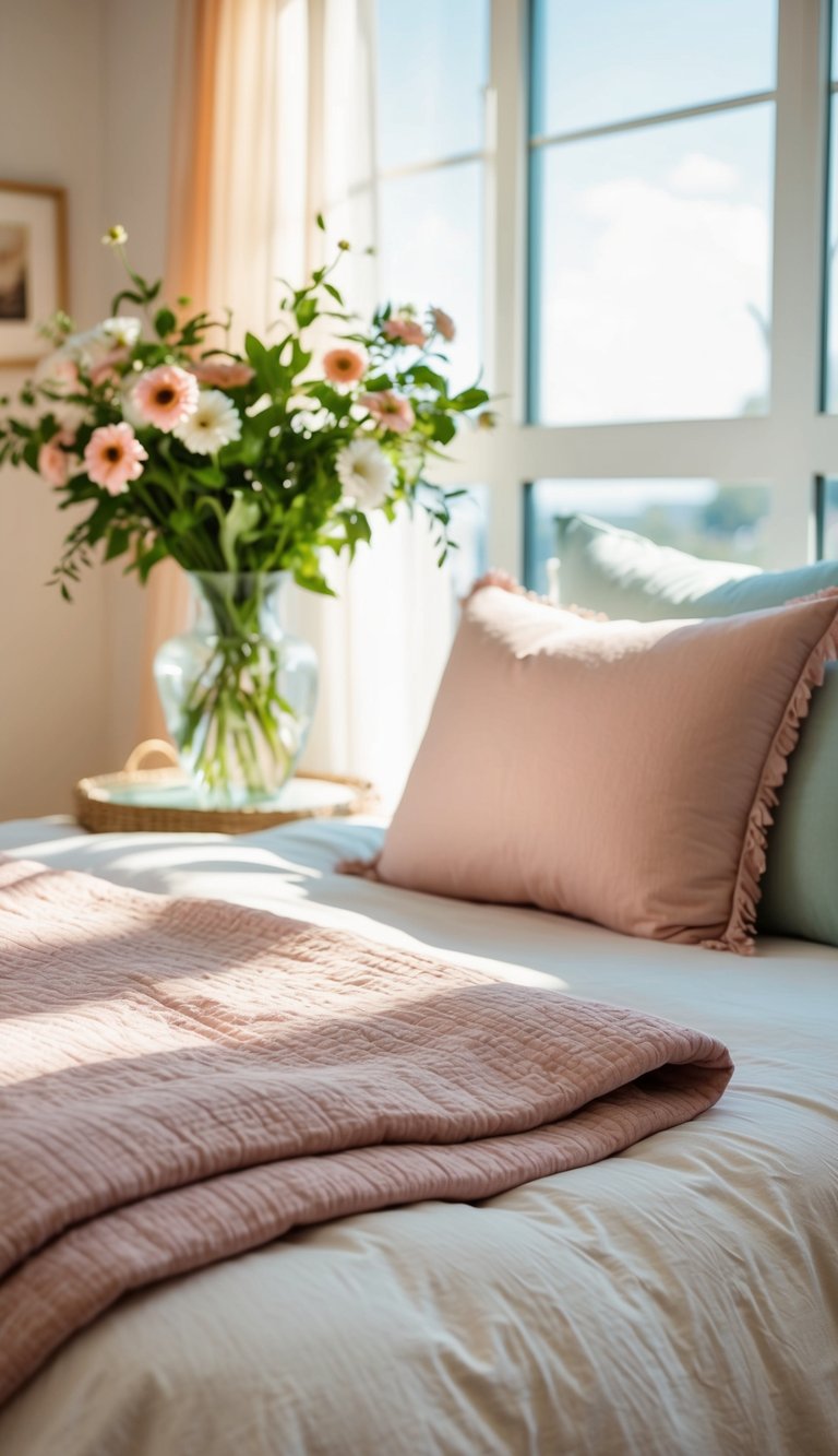 A cozy bedroom with fresh flowers, bright sunlight, and pastel bedding