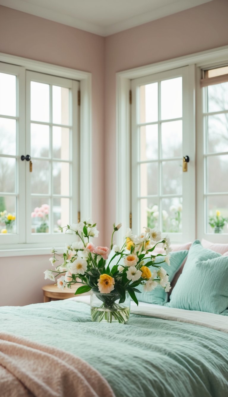 A cozy bedroom with fresh flowers, open windows, and soft pastel colors evoking the beauty of spring renewal