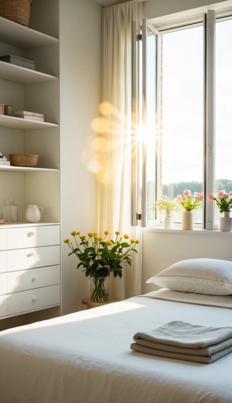 A serene bedroom with minimal furniture, organized shelves, and fresh flowers. Sunlight streams through open windows, casting a warm glow on the tidy space