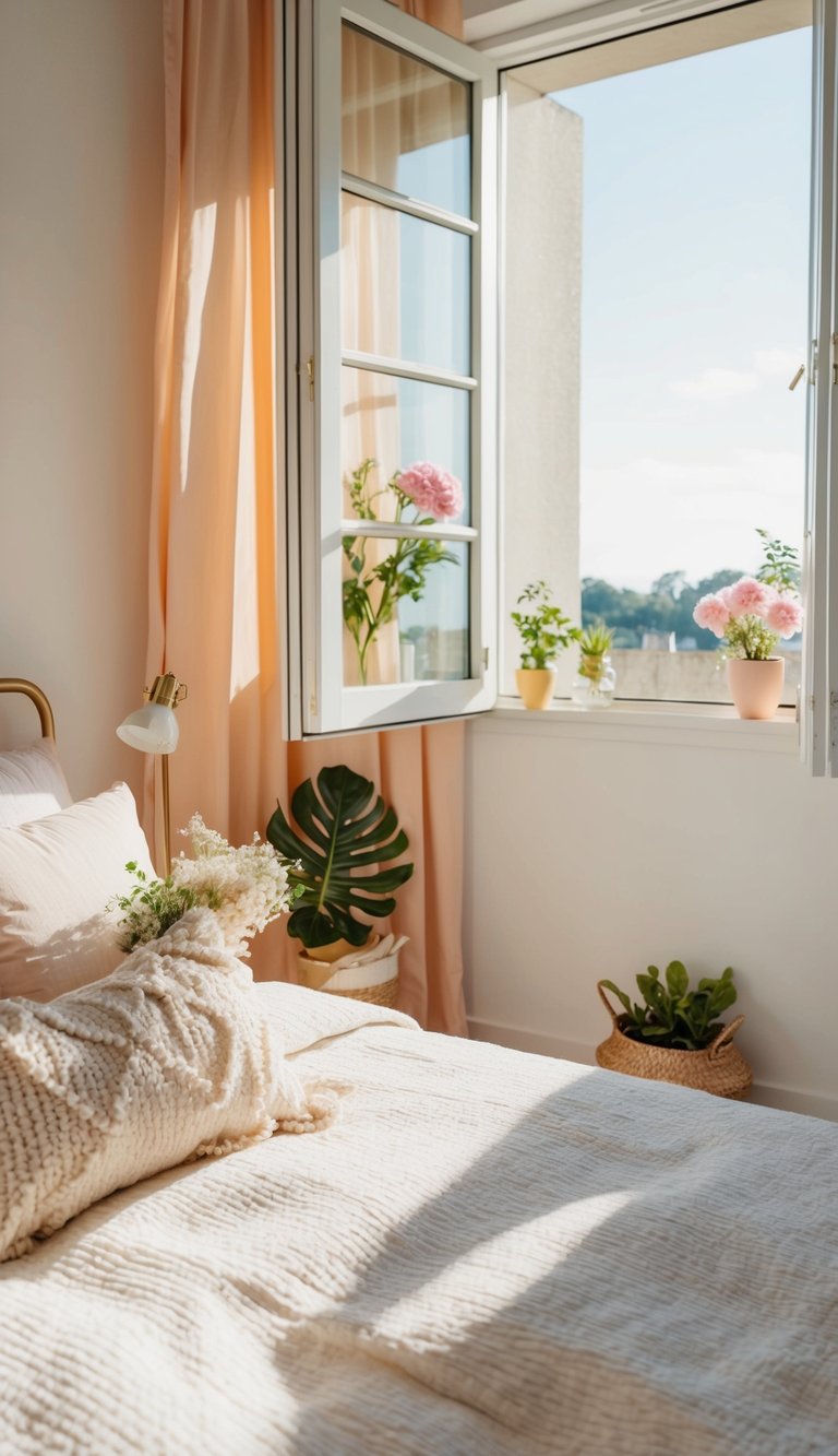 A bedroom with light, pastel colors and natural elements like flowers and plants. Sunlight streaming in through open windows