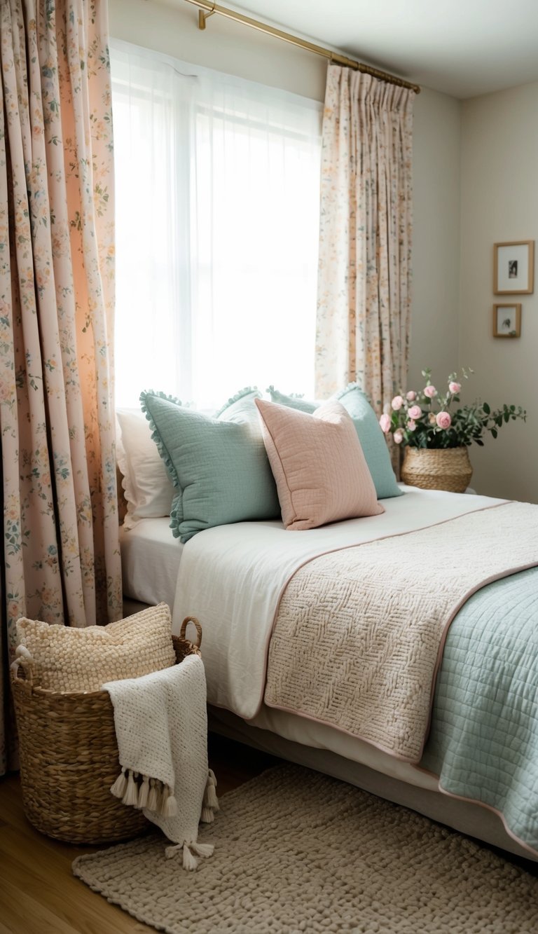 A cozy bedroom with floral curtains, pastel-colored throw pillows, and a soft, textured quilt on the bed. A basket of woven blankets sits in the corner