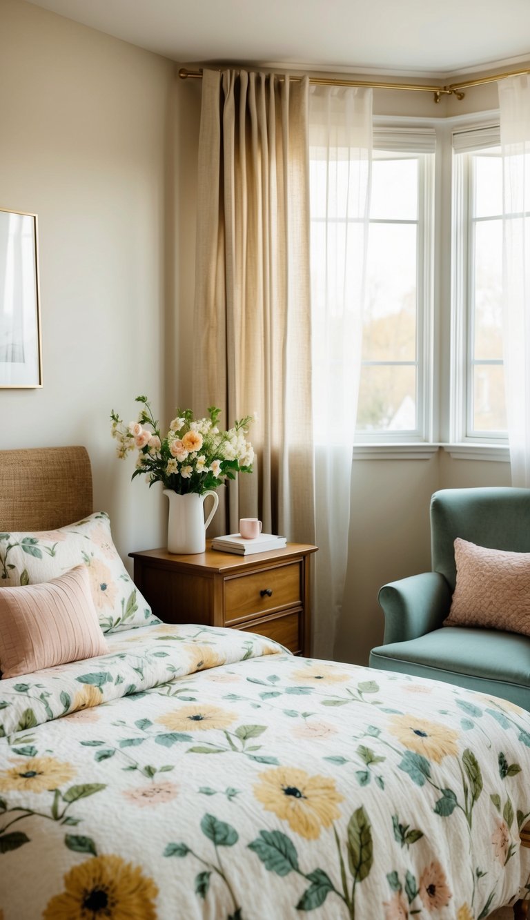 A cozy bedroom with a fresh spring layout: a bed with floral bedding, a nightstand with a vase of flowers, a cozy armchair, and a sunny window with sheer curtains