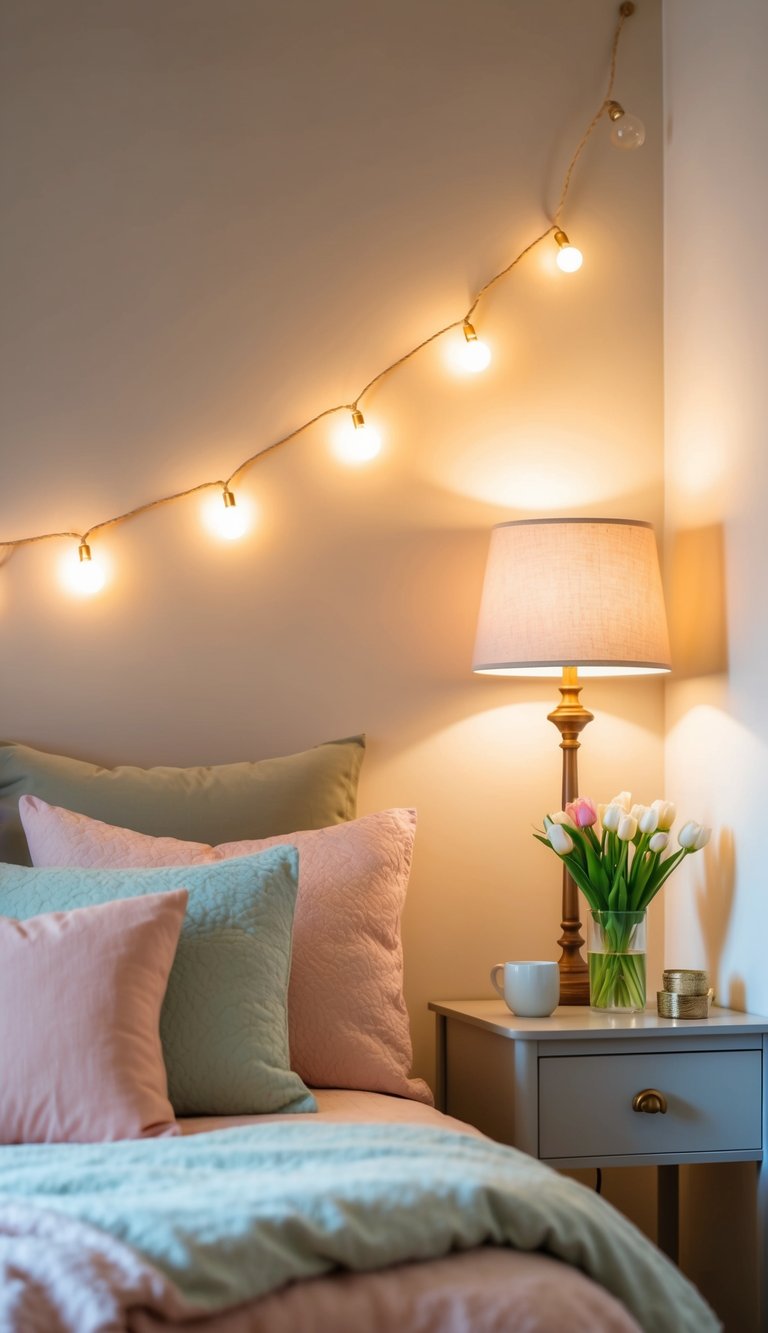 A cozy bedroom with soft, warm lighting from string lights and a bedside lamp, casting a gentle glow over fresh spring flowers and pastel bedding