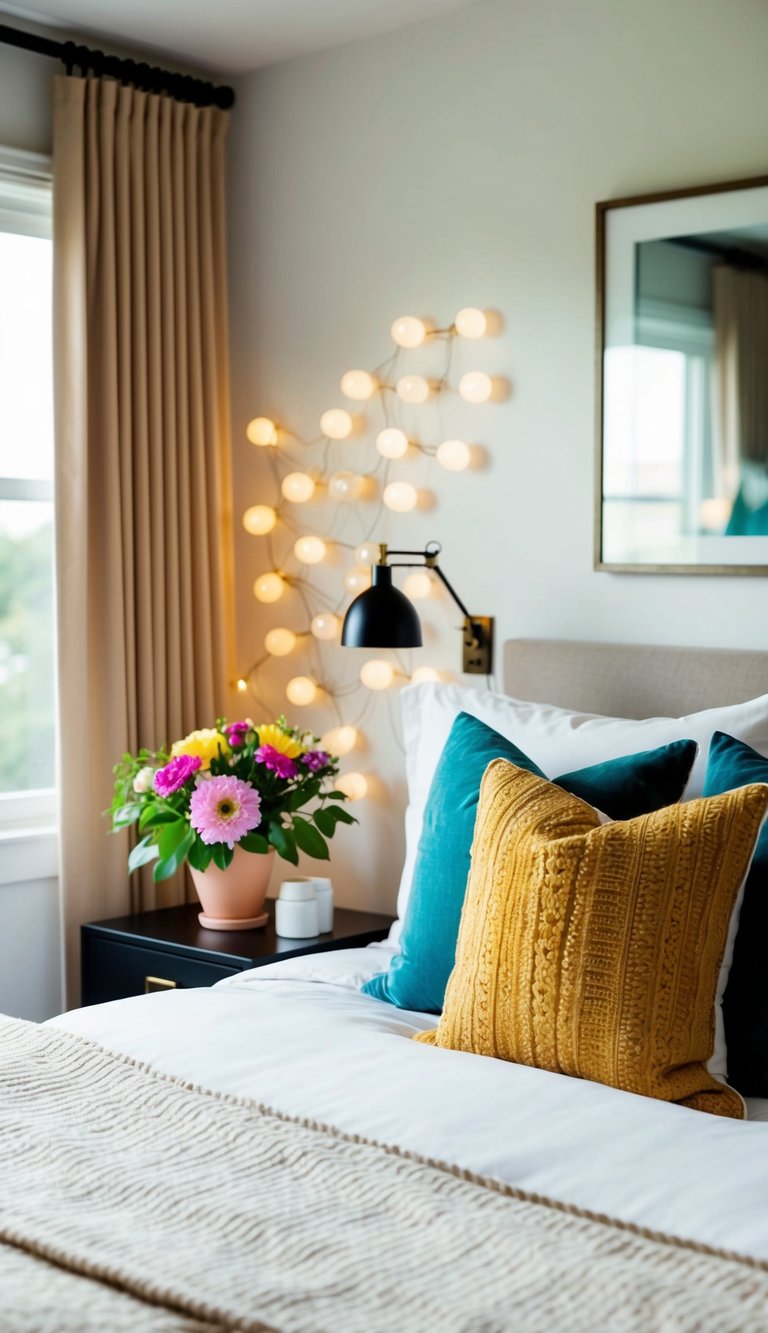 A cozy bedroom with fresh linens, colorful throw pillows, potted plants, and soft lighting. A vase of fresh flowers sits on the nightstand