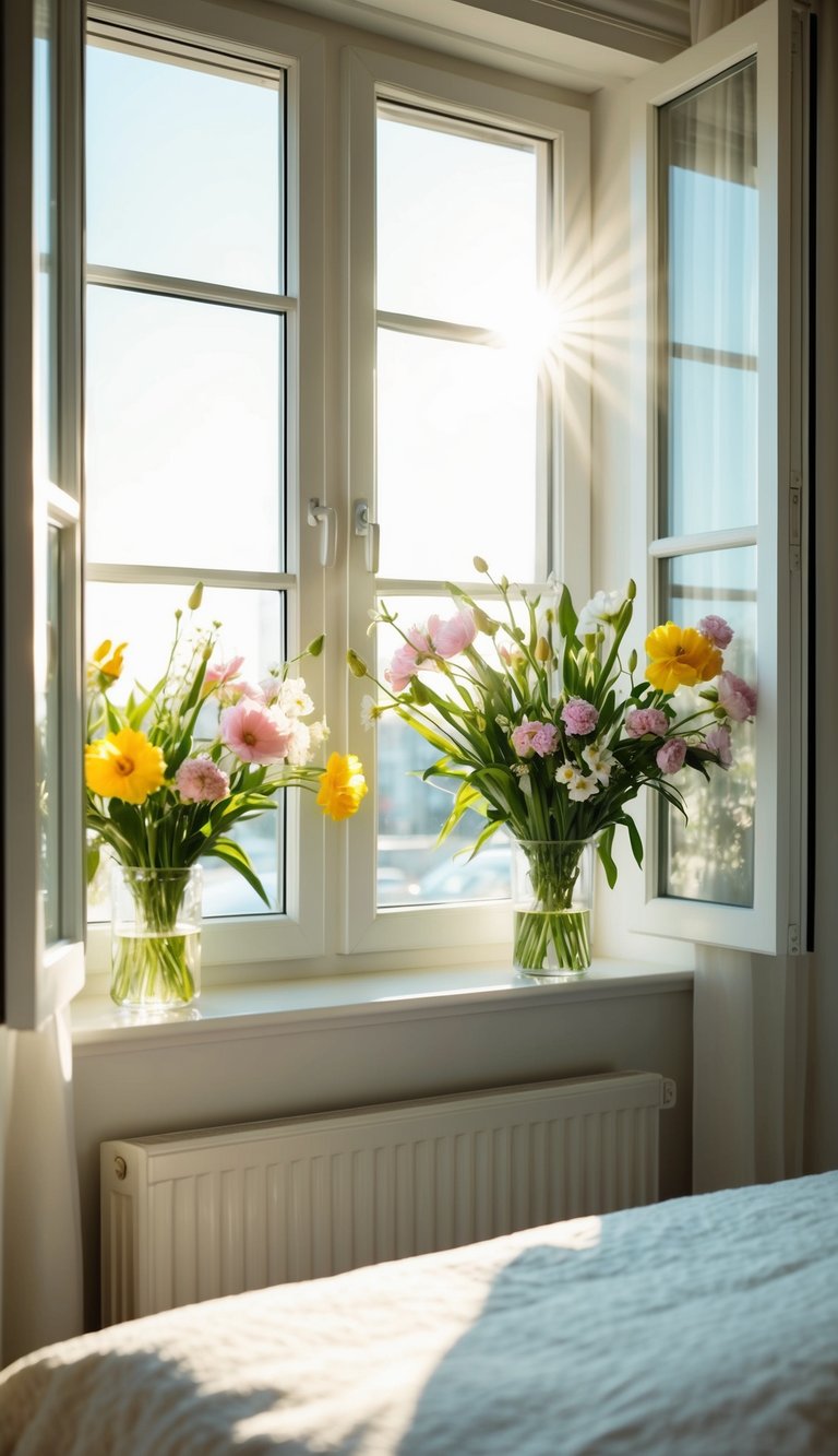 A cozy bedroom with fresh flowers, open windows, and soft sunlight streaming in, creating a serene and inviting atmosphere for a spring refresh